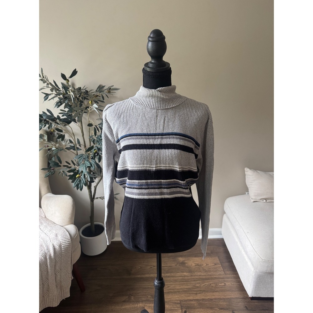 Basic Editions Grey Black Striped Ribbed Turtleneck Sweater Ramie Cotton Large
